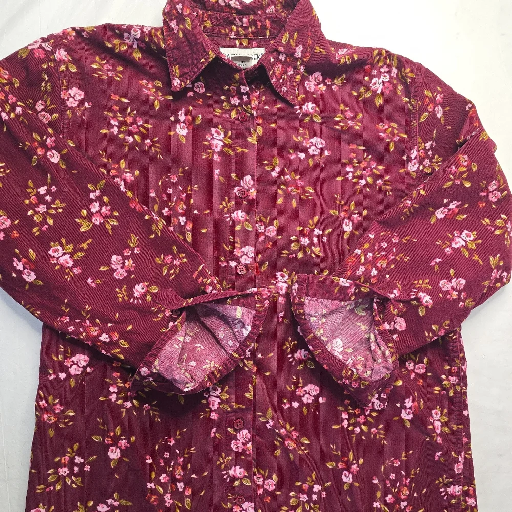 Cabin Creek Floral Corduroy Shirt Burgundy Cotton Button Up Cottagecore M - Picture 1 of 12